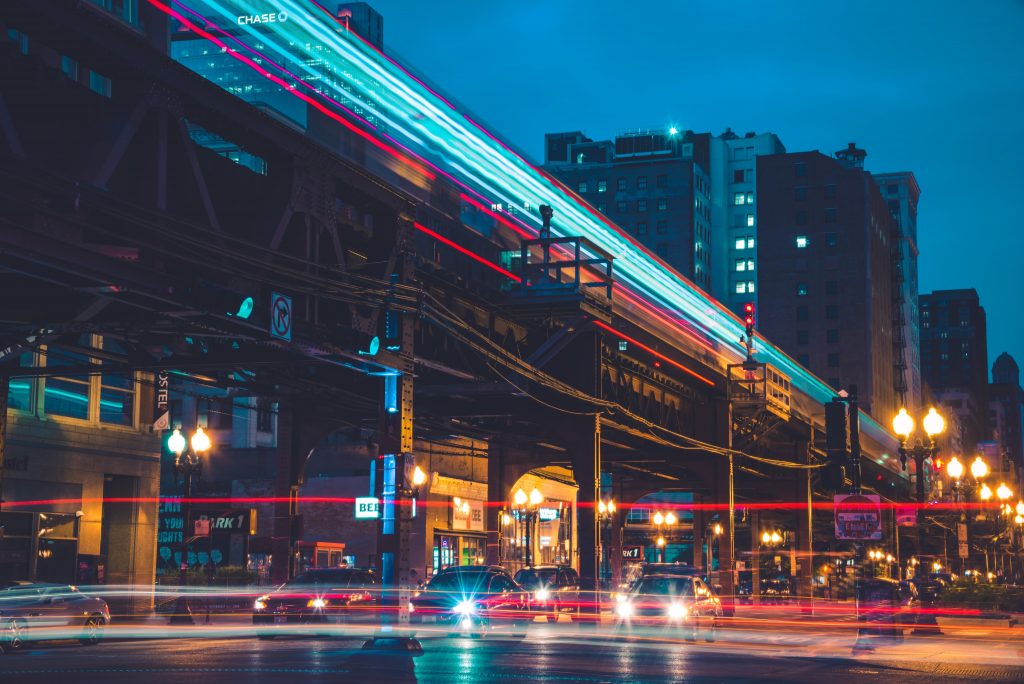 Futuristic effect of traffic light at night in the city